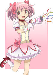 Rule 34 | 1girl, :d, blush, border, bow, bow choker, bubble skirt, buttons, chest jewel, choker, dot nose, dress, flat chest, foot out of frame, footwear bow, frilled dress, frilled skirt, frilled socks, frills, gloves, hair bow, high heels, highres, kaname madoka, kneehighs, leg up, looking at viewer, magical girl, mahou shoujo madoka magica, mahou shoujo madoka magica (anime), miniskirt, open mouth, party popper, petticoat, pink background, pink bow, pink dress, pink eyes, pink gemstone, pink hair, puffy short sleeves, puffy sleeves, red choker, red footwear, riokasen, short dress, short hair, short sleeves, simple background, skirt, smile, socks, solo, square neckline, thighs, twintails, white border, white gloves, white sleeves, white socks