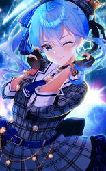 Rule 34 | 1girl, black gloves, blue eyes, blue hair, blue nails, bracelet, choker, comet, commentary request, fingernails, gloves, hat, highres, hololive, hoshimachi suisei, hoshimachi suisei (1st costume), jacket, jewelry, looking at viewer, mizuno kurage, nail polish, partially fingerless gloves, plaid, plaid jacket, plaid neckwear, smile, solo, star (symbol), star choker, star in eye, symbol in eye, virtual youtuber