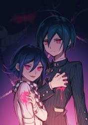Rule 34 | 2boys, ahoge, alternate eye color, black hair, black jacket, blood, blood on clothes, buttons, chain, checkered clothes, checkered neckwear, checkered scarf, commentary, danganronpa (series), danganronpa v3: killing harmony, double-breasted, ewa (seraphhuiyu), flipped hair, from side, gradient background, green hair, grey jacket, hair between eyes, highres, jacket, long sleeves, looking at viewer, male focus, monokuma, multiple boys, oma kokichi, pink blood, pink eyes, purple hair, red eyes, saihara shuichi, scarf, short hair, smile, striped clothes, striped jacket, symbol-only commentary, tongue, tongue out, upper body
