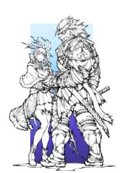 Rule 34 | 1boy, 1girl, armor, au ra, capelet, commentary, commission, english commentary, eyepatch, fang, fang out, final fantasy, final fantasy xiv, full body, g studio, greyscale, greyscale with colored background, highres, horns, hrothgar, katana, looking at viewer, monochrome, samurai (final fantasy), scales, staff, sword, thighhighs, warrior of light (ff14), weapon, white mage (final fantasy)