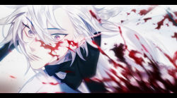 Rule 34 | 1boy, bishounen, blood, blood on clothes, blood on face, blue eyes, closed mouth, eyes visible through hair, face, hair between eyes, honey dogs, letterboxed, long hair, male focus, murder, original, solo, teeth, upper teeth only, white hair