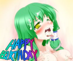 Rule 34 | 1girl, blush, breasts, collarbone, cum, cum in mouth, cum on hair, cum on tongue, dorowa no hito, facial, green hair, kochiya sanae, large breasts, one eye closed, open mouth, solo, tongue, tongue out, touhou, upper body, yellow eyes