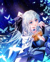 Rule 34 | 1girl, absurdres, baocaizi, black bow, blue bow, blue choker, blue eyes, bow, braid, bug, butterfly, choker, dress, fate/grand order, fate (series), french braid, galaxy, grey hair, hair bow, highres, insect, long hair, long sleeves, morgan le fay (fate), parted lips, ponytail, sidelocks, smile, space, two-tone dress, white dress