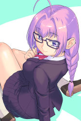 Rule 34 | ahoge, alternate costume, alternate hairstyle, blazer, braid, breasts, collared shirt, covered erect nipples, di gi charat, from above, from behind, glasses, hair intakes, hand on own chest, jacket, katou ryouichi, knees together feet apart, lips, loafers, long sleeves, looking at viewer, looking back, looking up, nose, parted hair, pleated skirt, ponytail, purple-framed eyewear, purple eyes, purple hair, school uniform, seiza, shirt, shoes, single braid, sitting, skirt, smile, socks, solo, thighs, tsurime, usada hikaru