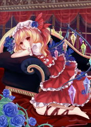 Rule 34 | 1girl, barefoot, blonde hair, blue flower, blue rose, chair, crossed arms, curtains, dress, etin, flandre scarlet, flower, frilled dress, frills, glowing, glowing wings, hat, hat flower, hat ribbon, highres, indoors, kneeling, leg ribbon, light particles, looking at viewer, looking back, mob cap, plant, puffy sleeves, red dress, red eyes, ribbon, rose, shirt, short sleeves, side ponytail, solo, touhou, vines, window, wings