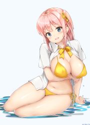 Rule 34 | 1girl, :o, aymusk, bikini, blue eyes, blush, bow, bowtie, breasts, cleavage, curvy, full body, highres, large breasts, long hair, looking at viewer, navel, open mouth, original, pink hair, plump, shirt, side-tie bikini bottom, side ponytail, simple background, sitting, smile, solo, sweat, swimsuit, white background, white shirt, yellow bikini, yellow bow, yokozuwari