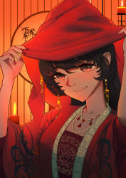 Rule 34 | 1girl, bamboo, blunt bangs, braid, candle, china dress, chinese clothes, dress, earrings, floral print, from side, gem, highres, jewelry, knot, light smile, nail polish, necklace, original, red dress, red nails, seloo, solo, veil, wedding dress