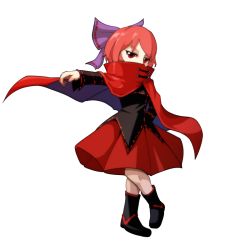 Rule 34 | 1girl, arm behind back, bad id, bad pixiv id, boots, bow, cape, cape lift, covered mouth, hair bow, kikoka (mizuumi), long sleeves, looking at viewer, red eyes, red hair, sekibanki, short hair, skirt, solo, touhou