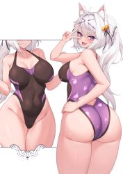 Rule 34 | 1girl, animal ear fluff, animal ears, ass, bare arms, bare shoulders, black one-piece swimsuit, blue eyes, blush, breasts, cat ears, cleavage, collarbone, commentary, commentary request, covered navel, english commentary, filian (vtuber), from behind, grin, hair between eyes, hair ornament, hair ribbon, hand up, highleg, highleg leotard, highres, huge ass, indie virtual youtuber, kuavera, large breasts, leotard, long hair, looking at viewer, looking back, medium breasts, mixed-language commentary, multiple views, one-piece swimsuit, open mouth, ponytail, purple one-piece swimsuit, ribbon, simple background, smile, standing, swimsuit, taut clothes, taut swimsuit, thighs, twintails, two-tone leotard, two-tone swimsuit, v, virtual youtuber, white background, white hair, wide hips, x hair ornament