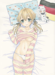Rule 34 | 10s, 1girl, abyssal ship, ahoge, alternate costume, anchor hair ornament, bed sheet, blonde hair, blue eyes, bow, bow panties, breasts, character doll, flag print, german flag, hair ornament, heart, heart print, horns, kantai collection, large breasts, long hair, looking at viewer, mittens, navel, northern ocean princess, ozaki mirai, pajamas, pajamas pull, panties, pillow, prinz eugen (kancolle), shirt, smile, solo, striped clothes, striped shirt, twintails, underboob, underwear, white panties