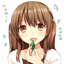 Rule 34 | 1girl, bad id, bad pixiv id, blush, brown eyes, brown hair, clarinet (natsumi3230), kurata rine, leaf, long hair, looking at viewer, simple background, smile, solo, text focus, tongue, tongue out, translation request, white background