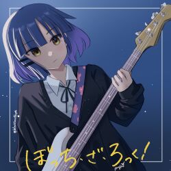 Rule 34 | 1girl, absurdres, bass guitar, black cardigan, black lunette, black ribbon, blue background, blue hair, blunt bangs, bocchi the rock!, breasts, cardigan, closed mouth, collared shirt, commentary, dutch angle, english commentary, expressionless, fender precision bass, highres, holding, holding instrument, instrument, long sleeves, medium bangs, mole, mole under eye, music, neck ribbon, playing instrument, ribbon, school uniform, shimokitazawa high school uniform, shirt, short hair, small breasts, solo, upper body, white shirt, yamada ryo, yellow eyes