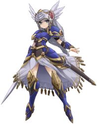 Rule 34 | 1girl, armor, armored boots, blue eyes, blue footwear, boots, breastplate, breasts, closed mouth, commentary request, feathers, fringe trim, grey hair, highres, karukan (monjya), knee boots, lenneth valkyrie, long hair, looking at viewer, medium breasts, pauldrons, sheath, shoulder armor, simple background, solo, sword, unsheathed, valkyrie profile (series), very long hair, weapon, white background, white feathers