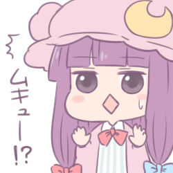 Rule 34 | 1girl, ^^^, batta (ijigen debris), blush stickers, bow, chibi, crescent, crescent hair ornament, diamond mouth, dress, eyebrows, hair bow, hair ornament, hat, long hair, mob cap, mukyuu, pajamas, patchouli knowledge, purple eyes, purple hair, simple background, solo, square mouth, striped clothes, striped dress, sweatdrop, text focus, touhou, white background