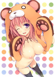 Rule 34 | 1girl, absurdres, animal costume, animal hands, black thighhighs, blush, breasts, cleavage, foreshortening, gloves, highres, leaning forward, long hair, looking at viewer, navel, nipples, one eye closed, open mouth, original, panties, paw gloves, pink hair, polka dot, polka dot background, puffy nipples, purple eyes, side-tie panties, solo, striped clothes, striped panties, thighhighs, topless, underwear, wink, yuuki hagure
