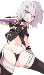 Rule 34 | 1girl, bad id, bad pixiv id, bandaged arm, bandages, bare shoulders, black panties, black thighhighs, breasts, enelis, fate/apocrypha, fate/grand order, fate (series), green eyes, grey hair, highres, jack the ripper (fate/apocrypha), kneeling, knife, navel, open mouth, panties, scar, short hair, small breasts, solo, thighhighs, underwear, weapon