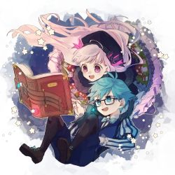 Rule 34 | 10s, 1boy, 1girl, blue eyes, blue hair, book, dress, fate/extra, fate/extra ccc, fate/grand order, fate (series), frills, glasses, hans christian andersen (fate), hat, long hair, nursery rhyme (fate), open mouth, pink hair, purple eyes, shoes, short hair, shorts, vest