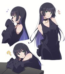 Rule 34 | 1girl, ?, absurdres, arm rest, black choker, black dress, black hair, blunt bangs, bocchi the rock!, chin piercing, choker, clothing cutout, colored inner hair, dress, ear piercing, earclip, eitopondo, from side, goth fashion, green eyes, hand on table, highres, hime cut, long dress, long hair, long sleeves, looking at viewer, multicolored hair, multiple views, musical note, notice lines, pa-san, piercing, purple hair, shoulder cutout, simple background, sleeves past fingers, sleeves past wrists, smile, solo, two-tone, white background