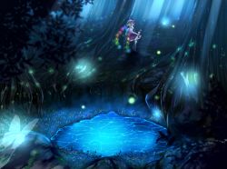 Rule 34 | 1girl, aru0607, blonde hair, bug, butterfly, closed umbrella, fireflies, flandre scarlet, forest, glowing, grass, hat, hat ribbon, highres, insect, long sleeves, looking at viewer, looking back, mob cap, moonbeam, moonlight, moss, nature, night, pantyhose, pond, red eyes, ribbon, rock, sandals, short hair, skirt, skirt set, solo, standing on object, touhou, umbrella, white pantyhose, wings, wrist cuffs
