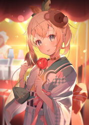Rule 34 | 2girls, :p, bad id, bad pixiv id, blonde hair, blue kimono, blurry, blurry background, candy apple, closed mouth, commentary request, depth of field, food, grey eyes, hana mori, holding, holding food, hololive, japanese clothes, kazama iroha, kimono, kinchaku, long sleeves, looking at viewer, market stall, mask, mask on head, multiple girls, night, obi, outdoors, pouch, sash, sidelocks, smile, solo focus, summer festival, tongue, tongue out, virtual youtuber, white kimono, wide sleeves