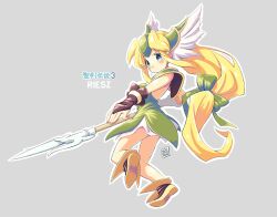 Rule 34 | 1girl, blonde hair, blue eyes, bow, bridal gauntlets, brown footwear, character name, circlet, closed mouth, copyright name, dress, full body, green bow, green dress, grey background, hair bow, head wings, holding, holding polearm, holding weapon, long hair, looking at viewer, mawaru (mawaru), outline, polearm, riesz, seiken densetsu, seiken densetsu 3, shoe soles, simple background, solo, very long hair, weapon, white outline, white wings, wings