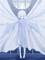 Rule 34 | 1girl, barefoot, bat wings, blue theme, collarbone, curtains, female focus, full moon, jack (wkm74959), looking at viewer, monochrome, moon, night, nude, remilia scarlet, see-through, short hair, silhouette, solo, standing, touhou, window, wings