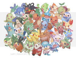 Rule 34 | :d, ;d, animal focus, anniversary, arm up, blue eyes, bright pupils, bulbasaur, charmander, chespin, chikorita, chimchar, commentary request, creatures (company), cyndaquil, fangs, fennekin, froakie, fuecoco, game freak, gen 1 pokemon, gen 2 pokemon, gen 3 pokemon, gen 4 pokemon, gen 5 pokemon, gen 6 pokemon, gen 7 pokemon, gen 8 pokemon, grookey, happy, highres, kikuyoshi (tracco), litten, looking up, mudkip, nintendo, no humans, one eye closed, open mouth, oshawott, piplup, pokemon, pokemon (creature), popplio, quaxly, red eyes, rowlet, scorbunny, smile, snivy, sobble, sprigatito, squirtle, starter pokemon trio, tepig, tongue, torchic, totodile, treecko, turtwig, white background, white pupils