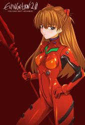 Rule 34 | 00s, 1girl, :/, bad id, bad pixiv id, bident, blue eyes, bodysuit, breasts, copyright name, curvy, evangelion: 2.0 you can (not) advance, expressionless, from side, frown, gloves, hair between eyes, hair ornament, half-closed eyes, half updo, hand on own hip, hands on own hips, highres, hip focus, holding, holding weapon, lance of longinus (evangelion), legs apart, logo, long hair, looking at viewer, neon genesis evangelion, orange hair, pilot suit, plugsuit, polearm, prime, rebuild of evangelion, red background, red hair, red theme, shiny clothes, simple background, skinny, small breasts, solo, souryuu asuka langley, spear, turtleneck, twintails, weapon, wide hips