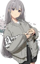 Rule 34 | 1girl, black pants, character request, closed mouth, copyright request, grey hair, grey sweater, head tilt, highres, long hair, long sleeves, looking at viewer, noeru, own hands together, pants, purple eyes, shirt, shorts, smile, solo, sweater, virtual youtuber, white background, white shirt