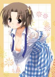 Rule 34 | 1girl, apron, arms behind back, bent over, blouse, blush, breasts, brown eyes, brown hair, cleavage, gingham apron, grid background, half updo, kobeya uniform, medium breasts, nakajima yuka, open clothes, open shirt, own hands together, plaid, plaid apron, shirt, short hair, solo, textless version, waitress, wet, wet clothes, wet shirt, white shirt