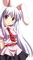 Rule 34 | 1girl, animal ears, belt, black skirt, blush, breasts, hands in pockets, highres, kinagi yuu, long hair, multicolored hair, open mouth, pink shirt, purple eyes, rabbit ears, red belt, red neckwear, reisen udongein inaba, shirt, simple background, skirt, small breasts, solo, touhou, two-tone hair, very long hair, white background