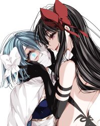 Rule 34 | 2girls, akemi homura, akuma homura, backless dress, backless outfit, bare back, bare shoulders, black gloves, black hair, blue eyes, blue hair, bow, cape, detached sleeves, dilated pupils, dress, elbow gloves, eye contact, from side, gloves, hair between eyes, hair bow, hair ornament, hair ribbon, hairband, hands on another&#039;s cheeks, hands on another&#039;s face, highres, light particles, long hair, looking at another, magical girl, mahou shoujo madoka magica, mahou shoujo madoka magica: hangyaku no monogatari, mahou shoujo madoka magica: walpurgis no kaiten, miki sayaka, miki sayaka (magical girl), mind control, misteor, multiple girls, open mouth, purple eyes, red bow, red ribbon, ribbon, short hair, shoulder blades, simple background, skirt, smile, very long hair, white background, white bow, white cape, white ribbon, yuri