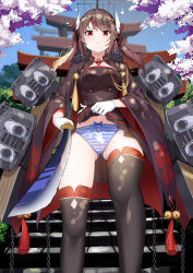 Rule 34 | 1girl, animal print, azur lane, black skirt, black thighhighs, blue panties, bow, bow panties, brown hair, buhualuo, buttons, cameltoe, cherry blossoms, chinese commentary, closed mouth, clothes lift, commentary request, double-breasted, dutch angle, from below, frown, gloves, gluteal fold, hair ornament, hairclip, haruna (azur lane), highres, holding, holding sword, holding weapon, horns, japanese clothes, katana, kimono, legs apart, lifting own clothes, long sleeves, looking at viewer, panties, pantyshot, pleated skirt, rabbit print, red eyes, rigging, skirt, skirt lift, solo, stairs, standing, stone stairs, striped clothes, striped panties, sword, thigh gap, thighhighs, torii, underwear, v-shaped eyebrows, weapon, white gloves, white panties, wide sleeves