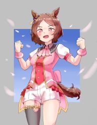 Rule 34 | 1girl, :d, animal ears, black thighhighs, blush, breasts, brown hair, clenched hands, clothing cutout, commentary, garter straps, grey background, hands up, heart cutout, highres, horse ears, horse girl, horse tail, jambujok, looking at viewer, open mouth, parted bangs, petals, pink vest, puffy short sleeves, puffy sleeves, sakura laurel (umamusume), shirt, short hair, short shorts, short sleeves, shorts, single thighhigh, small breasts, smile, solo, sweat, tail, thighhighs, umamusume, v-shaped eyebrows, vest, white shirt, white shorts, wrist cuffs