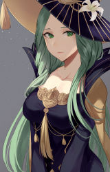 Rule 34 | 1girl, black dress, black hat, breasts, closed mouth, collarbone, costume, dress, female focus, fire emblem, fire emblem: three houses, fire emblem heroes, flower, forehead, gold trim, green eyes, green hair, grey background, halloween, halloween costume, haru (nakajou-28), hat, hat flower, highres, large breasts, light smile, lips, long hair, looking at viewer, matching hair/eyes, nintendo, official alternate costume, pink lips, rhea (fire emblem), solo, upper body, very long hair, white flower, witch hat
