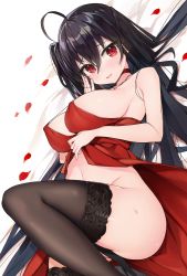 Rule 34 | 1girl, absurdres, ahoge, azur lane, bare shoulders, black hair, black thighhighs, blush, breasts, choker, cleavage, clothes lift, cocktail dress, dress, dress lift, hair between eyes, highres, knee up, large breasts, long hair, looking at viewer, lying, navel, no panties, official alternate costume, on back, open mouth, parted lips, petals, red choker, red dress, red eyes, simple background, smile, solo, taihou (azur lane), taihou (forbidden feast) (azur lane), thighhighs, thighs, white background, yayoichi (yoruyoru108)