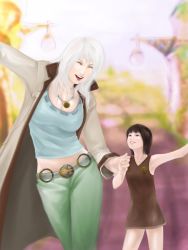 Rule 34 | 2girls, belt, black hair, dress, family, female focus, highres, holding hands, jacket, jewelry, multiple girls, necklace, nico olvia, nico robin, one piece, smile, white hair