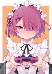 Rule 34 | 1girl, black bow, black ribbon, black sleeves, blush, border, bow, breasts, cleavage, closed mouth, controller, crying, crying with eyes open, detached collar, detached sleeves, flower, game controller, hair flower, hair ornament, hair over one eye, hair ribbon, head wreath, highres, holding, holding controller, holding game controller, long sleeves, looking at viewer, neck ribbon, outside border, pink hair, purple ribbon, ram (re:zero), re:zero kara hajimeru isekai seikatsu, ribbon, roswaal mansion maid uniform, short hair, small breasts, solo, tears, upper body, white border, white bow, white flower, x hair ornament, yasehattagi