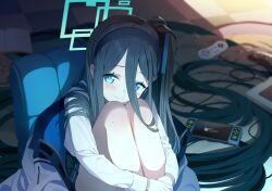 Rule 34 | 1girl, absurdly long hair, aqua halo, aris (blue archive), artist request, black hairband, blue archive, blue hair, blue halo, blurry, blurry background, blush, couch, dark blue hair, game cg, game console, hair between eyes, hair spread out, hairband, halo, handheld game console, highres, hugging own legs, jacket, jacket partially removed, long hair, looking at viewer, multicolored clothes, multicolored jacket, non-web source, official art, one side up, rectangular halo, ringed eyes, solo, tile floor, tiles, very long hair
