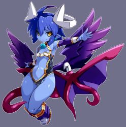 Rule 34 | 1girl, angel wings, armpits, bat wings, black sclera, black wings, blue hair, blue skin, boots, breasts, cameltoe, center opening, colored sclera, colored skin, demon girl, detached sleeves, fang, horns, karukan (monjya), leotard, multiple wings, navel, nyarla, outstretched arm, pointy ears, shinrabanshou, short hair, small breasts, smile, solo, tail, wings, yellow eyes