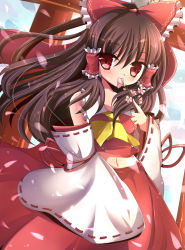 Rule 34 | 1girl, bare shoulders, branch, brown hair, detached sleeves, female focus, hakurei reimu, highres, holding, japanese clothes, long hair, looking at viewer, miko, navel, ncatabc, red eyes, solo, touhou