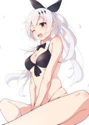 Rule 34 | 1girl, animal ears, bare shoulders, between legs, bikini, black bikini, blush, bow, bowtie, breasts, commentary request, cowboy shot, detached collar, five-seven (cruise queen) (girls&#039; frontline), five-seven (girls&#039; frontline), front-tie bikini top, front-tie top, girls&#039; frontline, hair ornament, hand between legs, high ponytail, highleg, highleg bikini, long hair, medium breasts, official alternate costume, one eye closed, open mouth, own hands together, petals, ponytail, rabbit hair ornament, side-tie bikini bottom, sidelocks, silver hair, simple background, sitting, skindentation, solo, swimsuit, unimon e, very long hair, yellow eyes