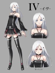 Rule 34 | &gt;:|, 1girl, :|, black dress, black neckwear, black skirt, black thighhighs, blue hair, boots, breasts, character name, closed mouth, commentary request, cropped torso, detached sleeves, dress, expressionless, grey background, hair ornament, halterneck, high heel boots, high heels, highres, looking at viewer, multiple views, orange hair, pleated skirt, portrait, silver hair, simple background, skirt, small breasts, standing, sugi 214, thigh boots, thighhighs, translated, v-shaped eyebrows, wide sleeves