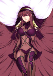 Rule 34 | 1girl, absurdres, armor, artist request, breasts, fate/grand order, fate (series), gluteal fold, highres, large breasts, lips, lipstick, long hair, looking to the side, lying, makeup, navel, on back, purple hair, red eyes, red lips, scathach (fate), scathach (fate), see-through, shoulder armor, skin tight, solo, pauldrons, thigh gap, veil