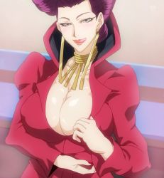 Rule 34 | 1girl, akaba himika, blue eyes, blush, breasts, cleavage, clothes pull, earrings, highres, jewelry, large breasts, licking lips, lipstick, looking at viewer, makeup, mature female, naughty face, purple hair, smile, solo, teasing, third-party edit, tongue, tongue out, yu-gi-oh!, yu-gi-oh! arc-v