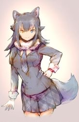 Rule 34 | 1girl, animal ears, black hair, black jacket, blazer, blue eyes, blush, breasts, fur collar, gloves, grey wolf (kemono friends), hand on own hip, heterochromia, jacket, kemono friends, long hair, long sleeves, looking at viewer, medium breasts, messy hair, necktie, pleated skirt, shirt, skirt, sleeve cuffs, smile, solo, standing, tail, twitter username, usapenpen2019, white gloves, white hair, white shirt, wolf ears, wolf girl, wolf tail, yellow eyes