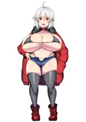 Rule 34 | 1girl, ahoge, bad id, bad pixiv id, bikini, bikini under clothes, black bikini, black thighhighs, blush, boots, borrowed character, breasts, by spoon, cleavage, commission, covered erect nipples, fang, full body, gluteal fold, halterneck, hand in pocket, hand on own hip, highleg, highleg bikini, highres, huge breasts, jacket, looking at viewer, micro bikini, mole, navel, open clothes, open fly, open jacket, open mouth, original, plump, red eyes, red jacket, short hair, short shorts, shorts, shortstack, silver hair, skin fang, skull, smile, solo, standing, swimsuit, thick thighs, thighhighs, thighs, white background