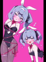 Rule 34 | 1girl, :d, :o, absurdres, animal ears, arms behind back, bare shoulders, black leotard, black pantyhose, blue eyes, blue hair, bound, breasts, cleavage, clothing cutout, detached collar, fake animal ears, hair intakes, hair ornament, hairband, hatsune miku, heart, heart-shaped pupils, highleg, highleg leotard, highres, hole in wall, large breasts, lattes2, leaning to the side, leotard, long hair, looking at viewer, multiple views, open mouth, pantyhose, pillarboxed, pink background, pure pure (rabbit hole), rabbit ears, rabbit hole (vocaloid), restrained, ribbon, ribbon bondage, sidelocks, smile, stomach cutout, symbol-shaped pupils, teardrop facial mark, through wall, twintails, vocaloid, white hairband, x hair ornament