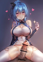 Rule 34 | 1boy, 1girl, :q, ahoge, azur lane, bar censor, bare shoulders, blue hair, blush, breasts, censored, closed mouth, covered navel, erection, garter straps, gloves, hair between eyes, head tilt, heart, hetero, high ponytail, highres, large breasts, long hair, looking at viewer, male pubic hair, mika (1020mk), no panties, penis, precum, pubic hair, smile, sparkle, st. louis (azur lane), straddling, testicles, thighhighs, tongue, tongue out, trembling, white gloves, white thighhighs