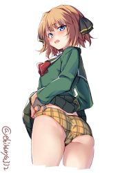 Rule 34 | 1girl, ass, black ribbon, blue eyes, blush, breasts, brown hair, checkered clothes, checkered panties, clothes lift, ebifurya, green jacket, green skirt, hachijou (kancolle), hair ribbon, highres, jacket, kantai collection, lifted by self, long sleeves, looking at viewer, neck ribbon, open mouth, panties, plaid, plaid panties, pleated skirt, red ribbon, ribbon, school uniform, serafuku, short hair, simple background, skirt, skirt lift, small breasts, solo, underwear, white background